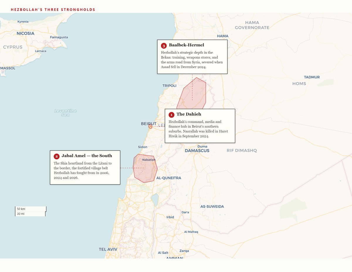 Map of Lebanon showing Hezbollah's three strongholds: the Dahieh, the Shia south, and Baalbek-Hermel
