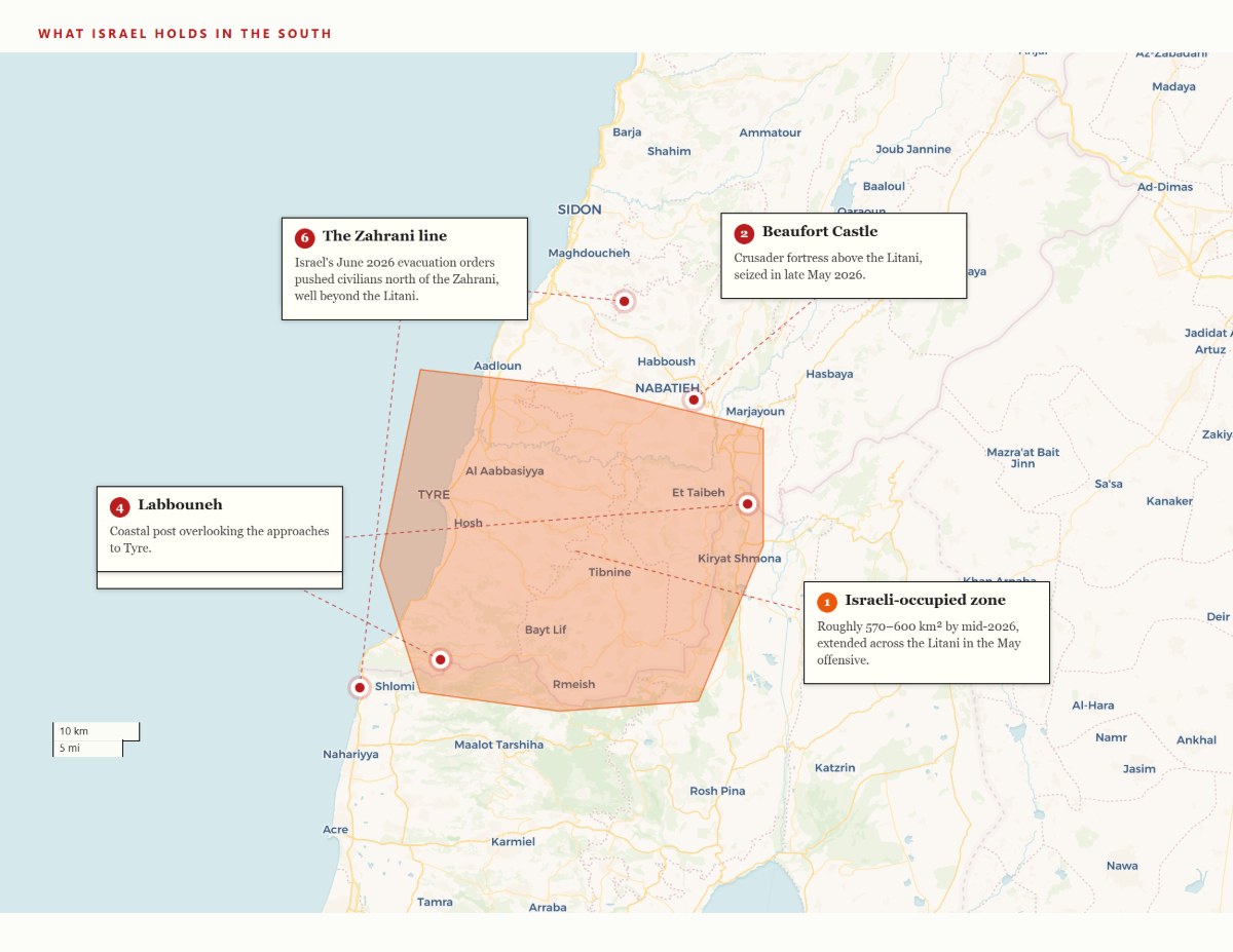 Map of Israeli-occupied southern Lebanon in mid-2026