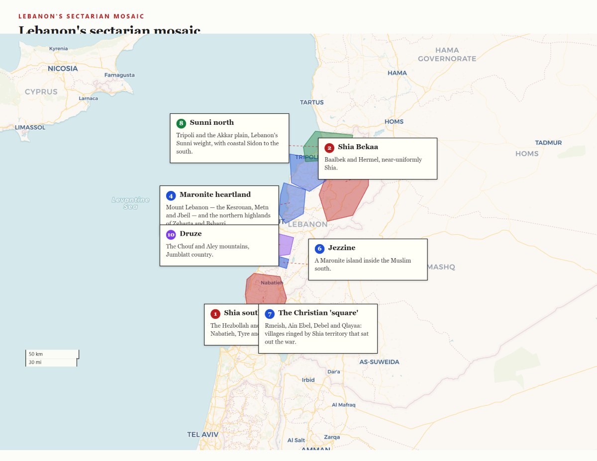 Sectarian map of Lebanon with communities color-coded