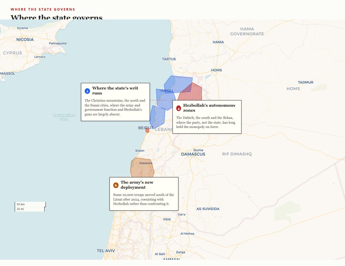 Map of where the Lebanese state versus Hezbollah holds authority