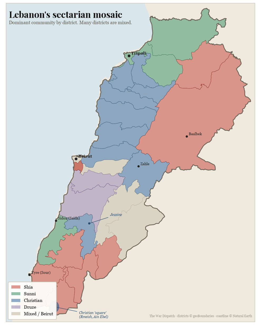 Sectarian choropleth of Lebanon shading each district by dominant community