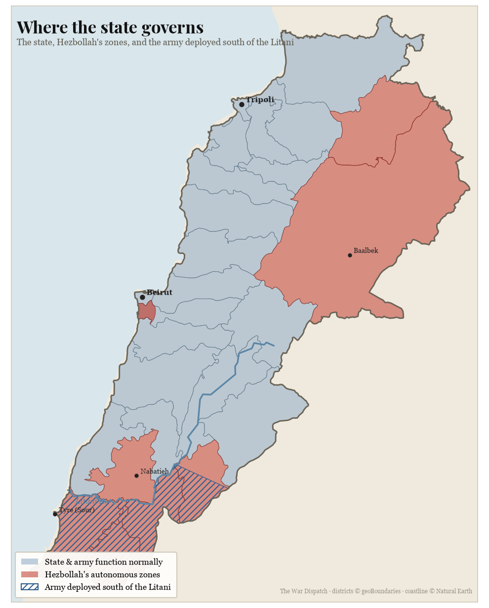 Map of where the Lebanese state versus Hezbollah holds authority