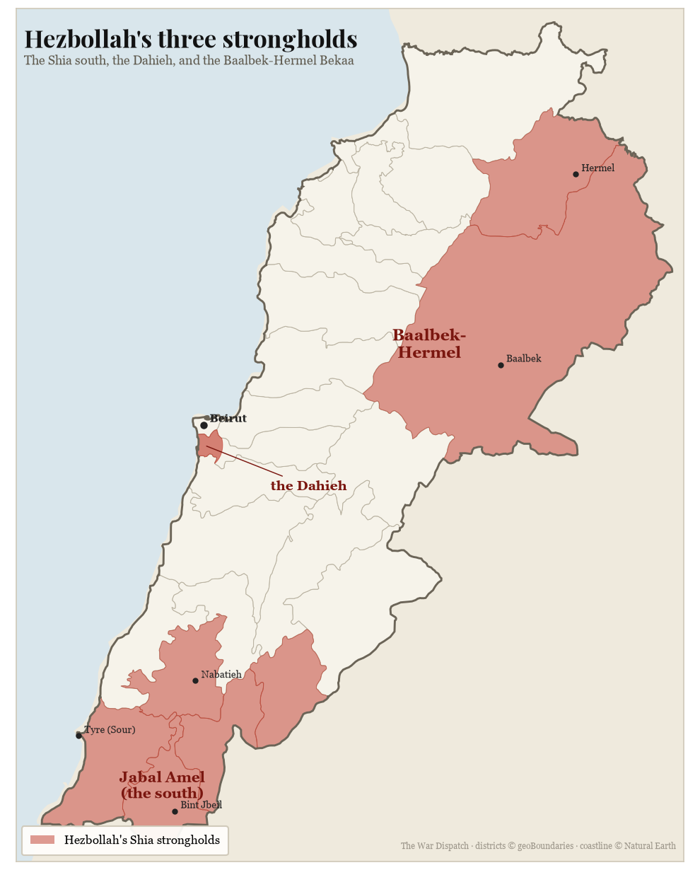 Map of Lebanon shading Hezbollah's three strongholds by district: the Dahieh in south Beirut, the Shia south (Jabal Amel) from the Litani to the border, and the Baalbek-Hermel Bekaa