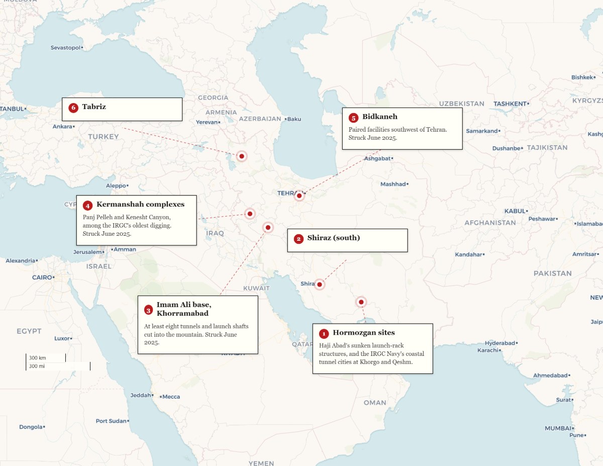 Map of Iran showing six analyst-identified underground missile sites with annotations