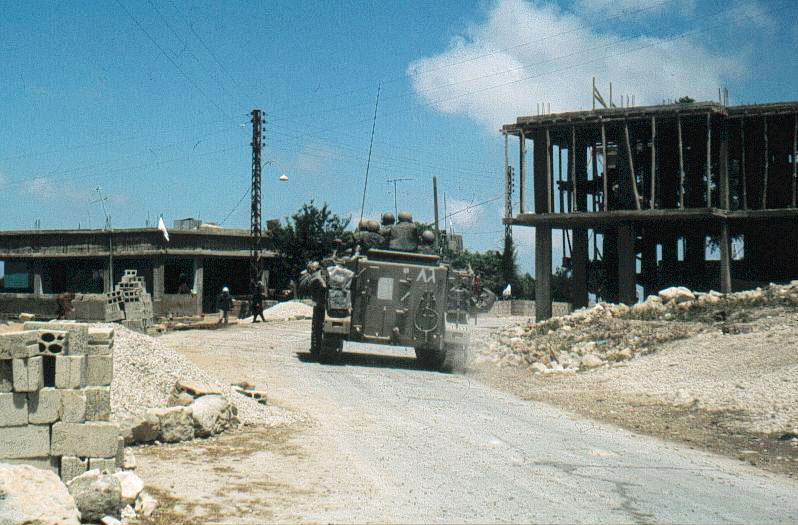 An Israeli armored vehicle on a road in southern Lebanon during the 1982 invasion